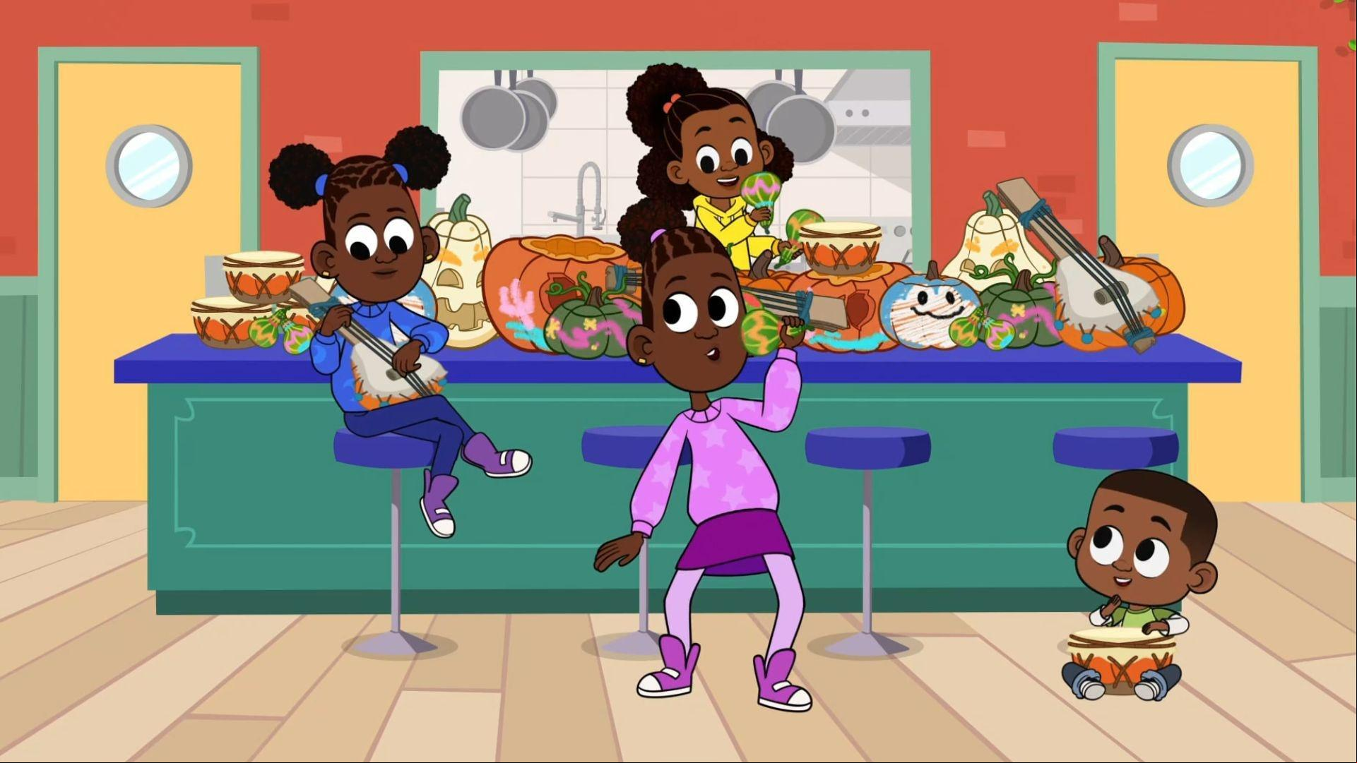 Lyla, Liana, Louisa, and Luke make instruments out of pumpkins and sing a gourd rap.