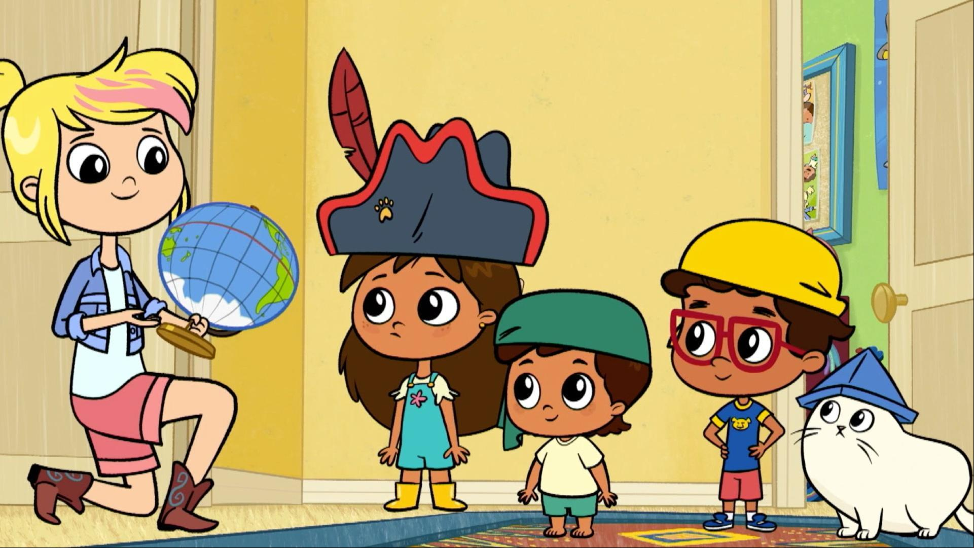 Rosie & friends pretend to be pirates. / Rosie has a long-distance breakfast with Jun.