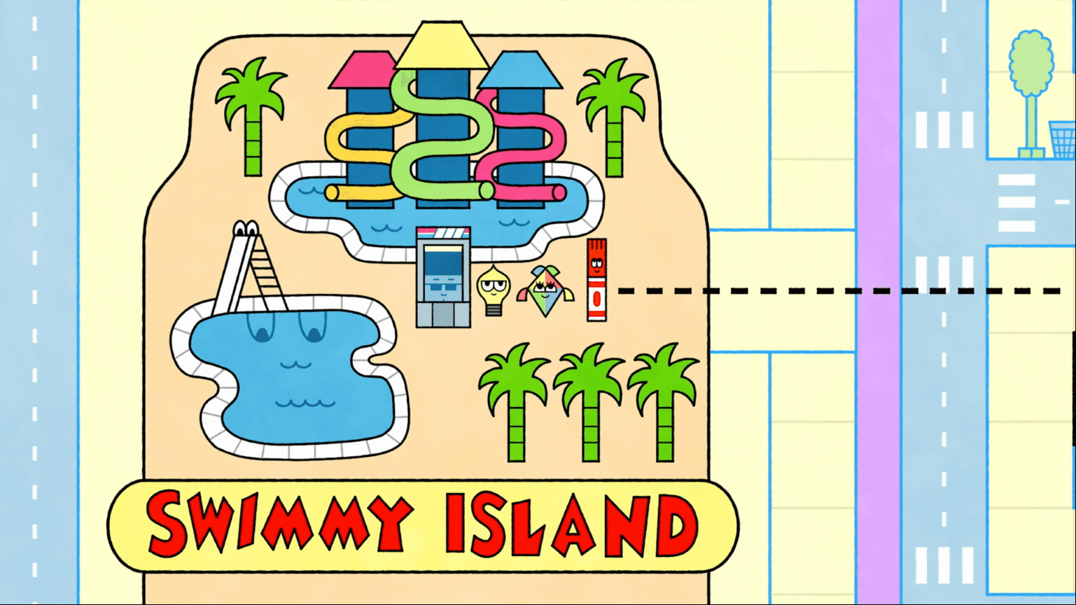 Watt, Windy, and Mark use maps to navigate to Swimmy Island Water Park.