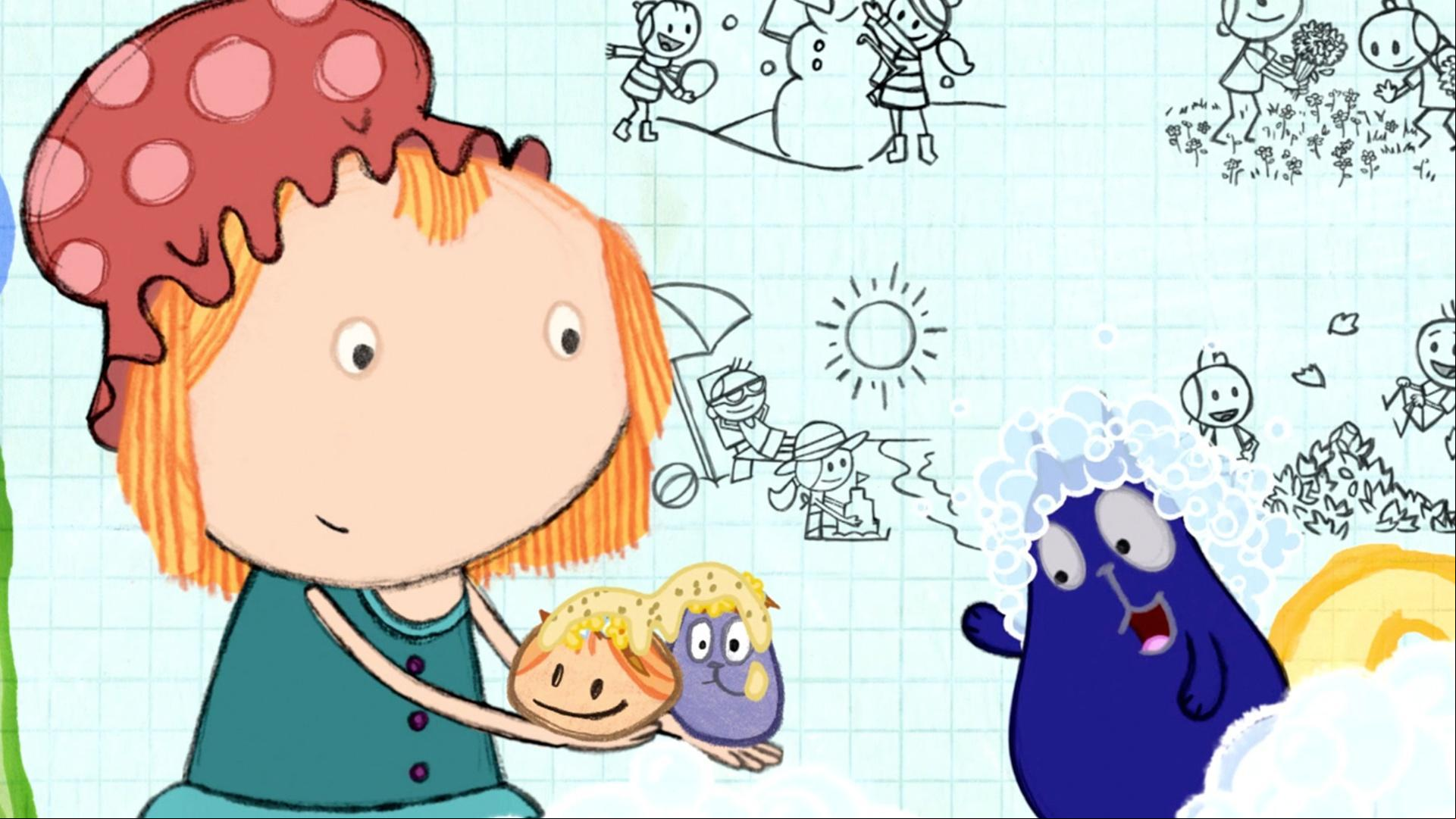 Peg and Cat sing a song about seasons in the bath.