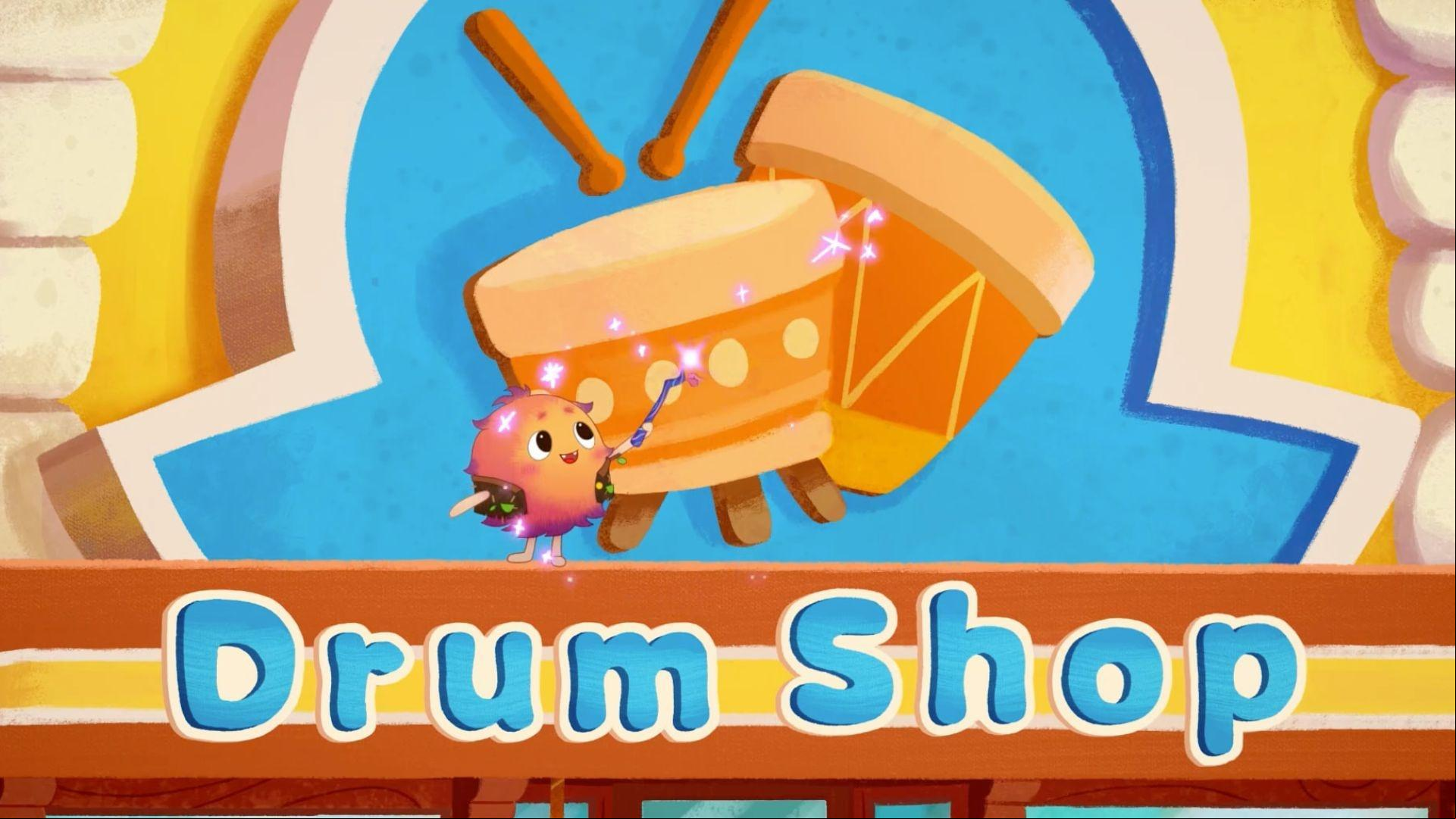 Rocket and Little Yellow Bird watch the Pest change letters on Owl's Drum Shop.
