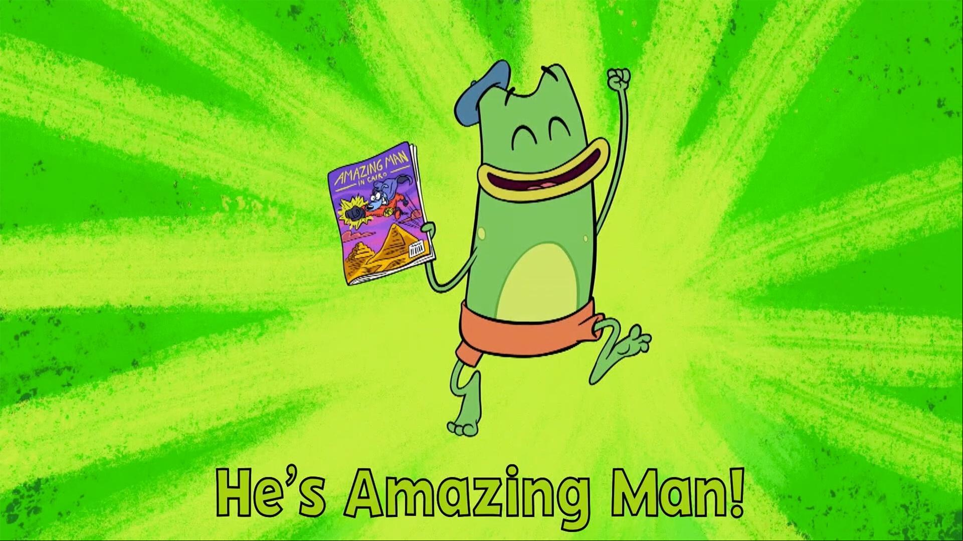 Andy sings the theme song of his favorite superhero, AmazingMan. Leo and Carmen chime in.
