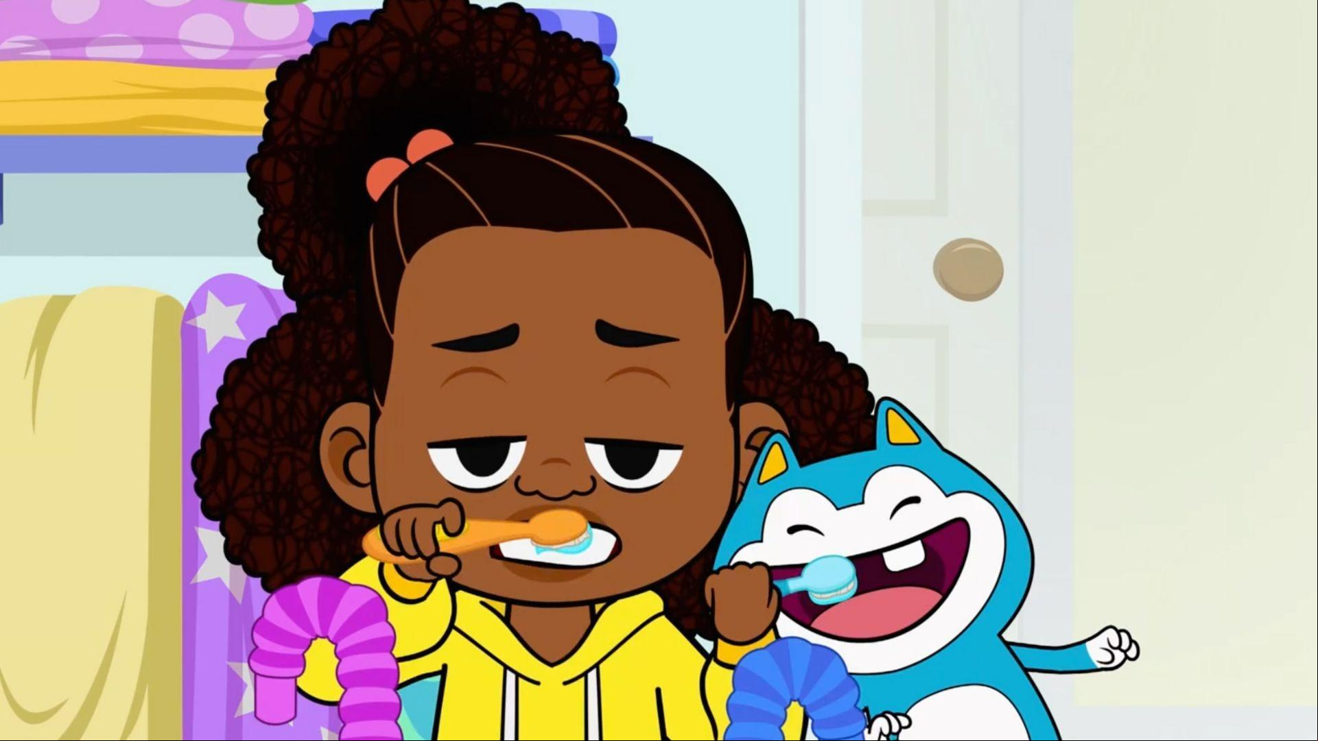 Stu uses a trombone to help Lyla move through her morning routine.
