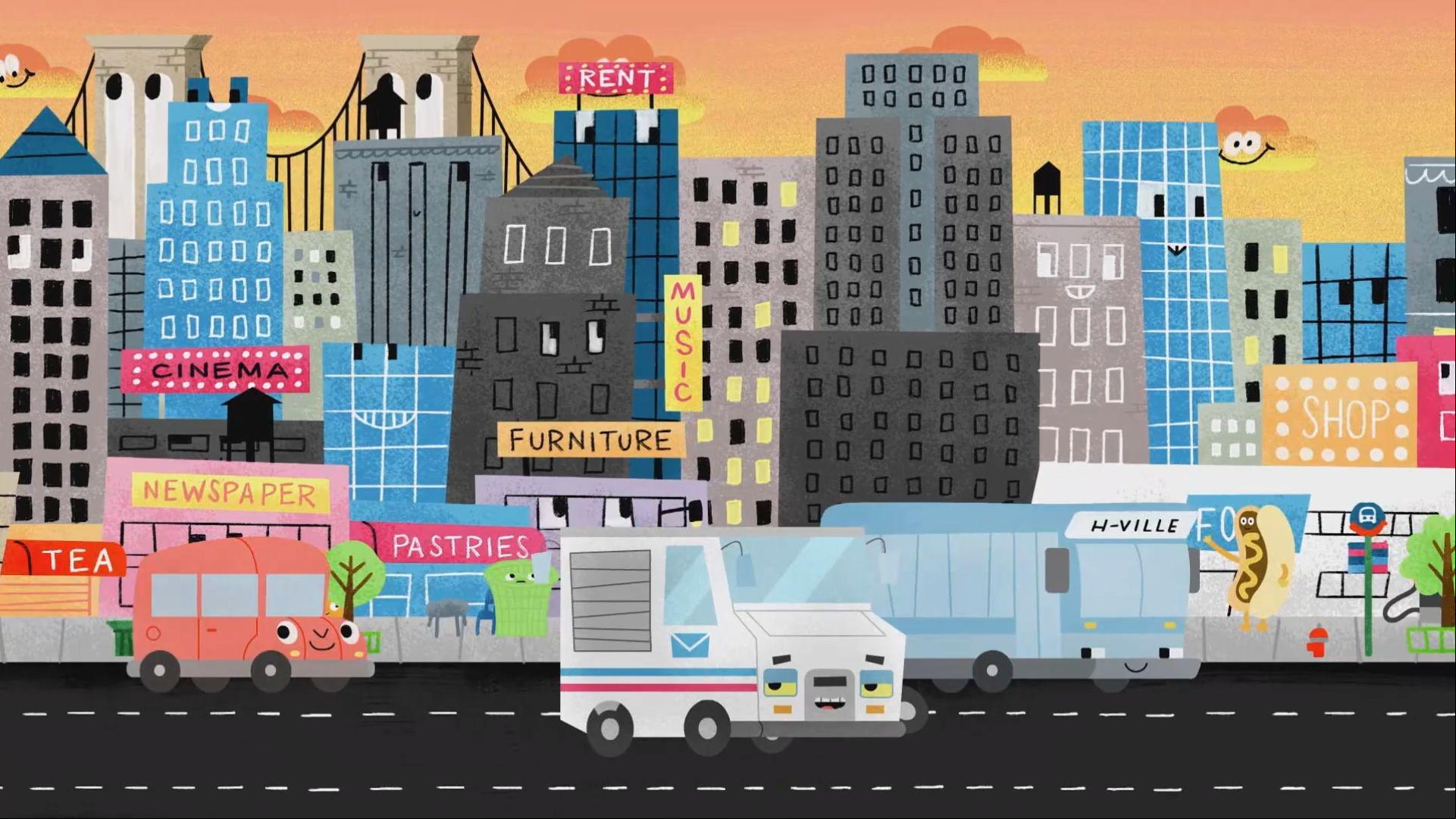 Carry delivers mail across the city, exploring the many types of places along his route.