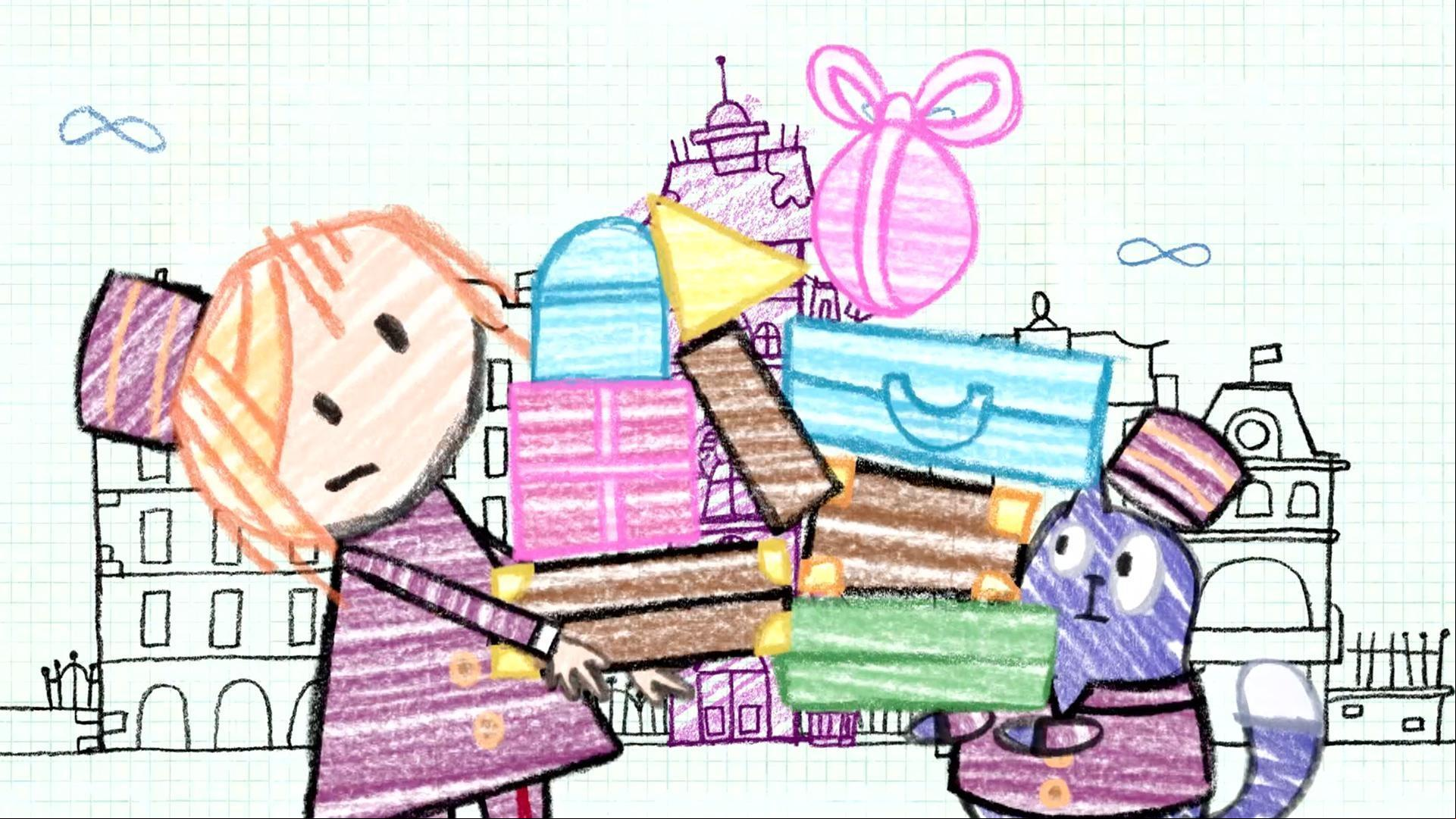 The Pirates dig up Peg's neighborhood. / Peg takes out crayons and creates her own world.