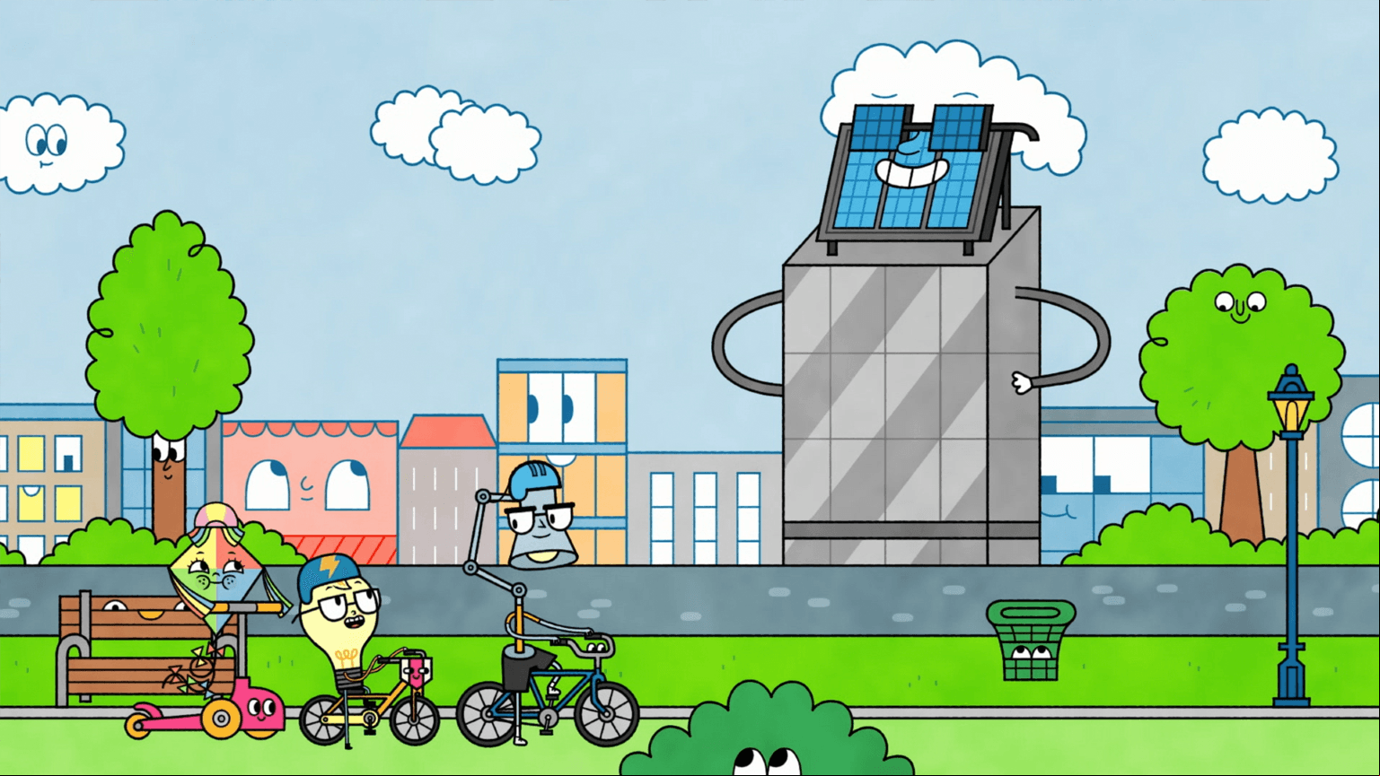 On a bike ride, Watt and Windy see how the city makes improvements for a brighter future.
