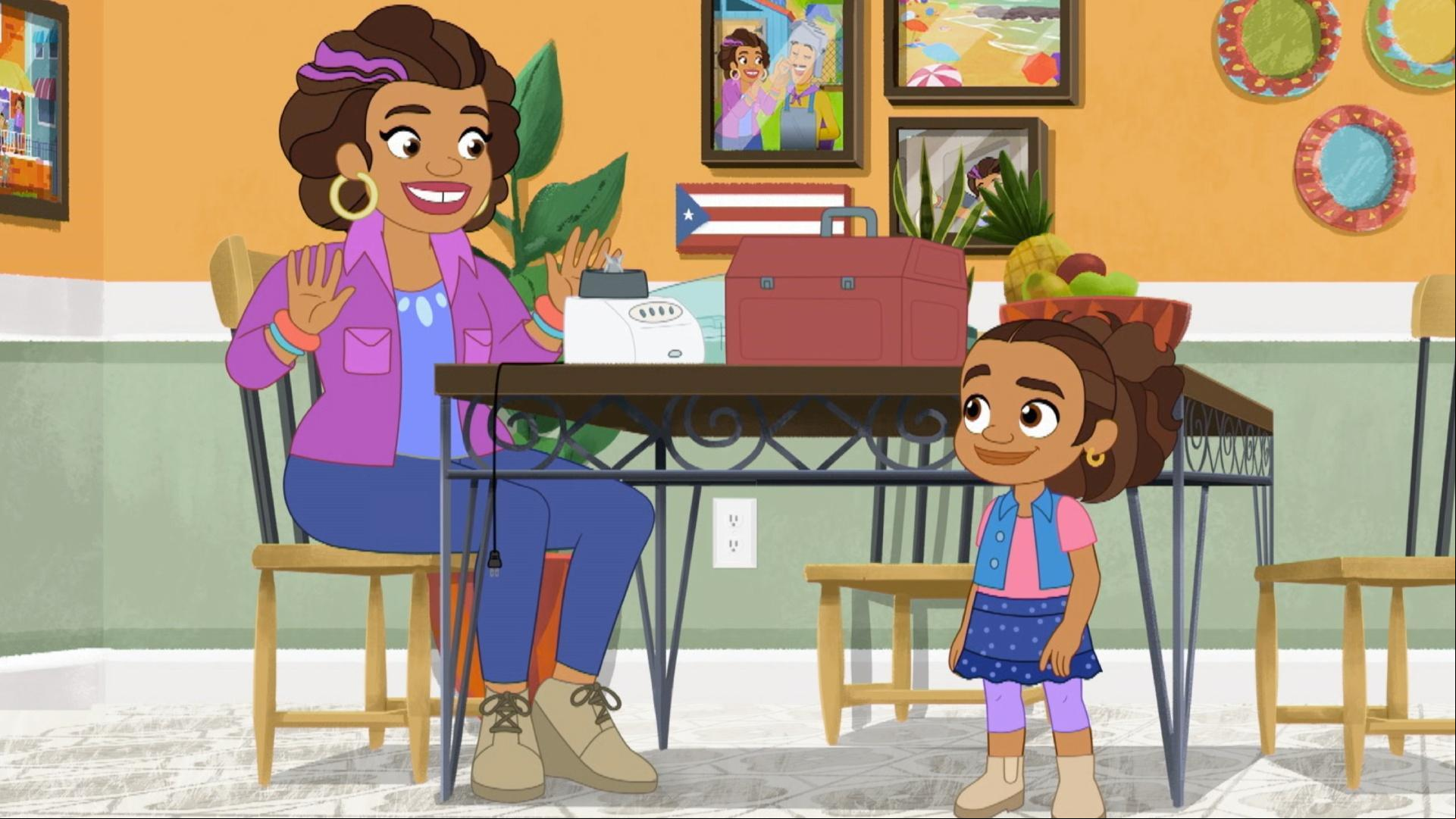 Alma and Andréhelp Junior write a story. / Alma and Eddie surprise Nestor and Gloria.