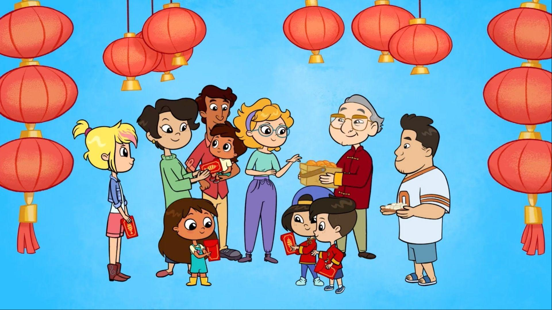 Jun, Quinn and Rosie do the Dragon Dance with Grandpa Liu