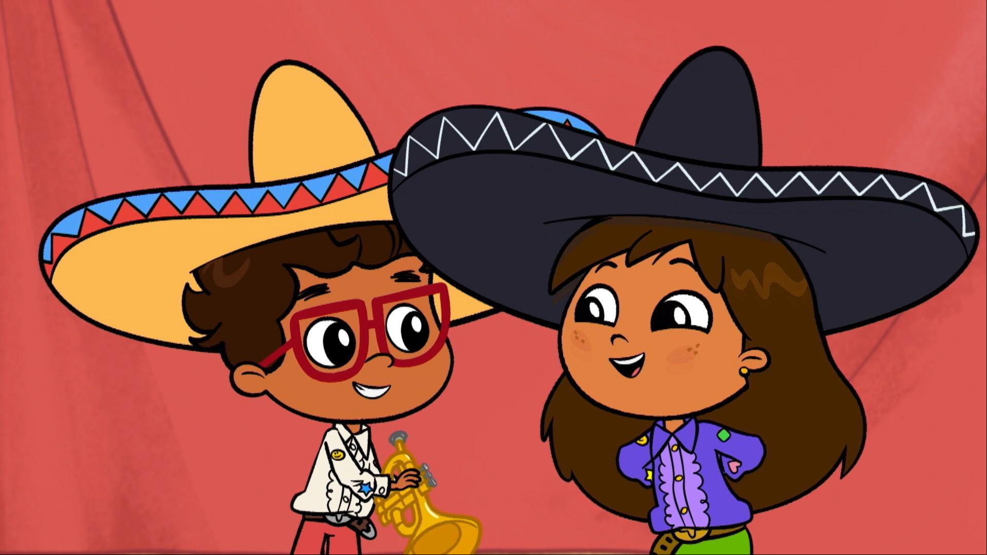 Rosie performs in Papá’s Mariachi band. / Rosie sings a corrido for the talent show.