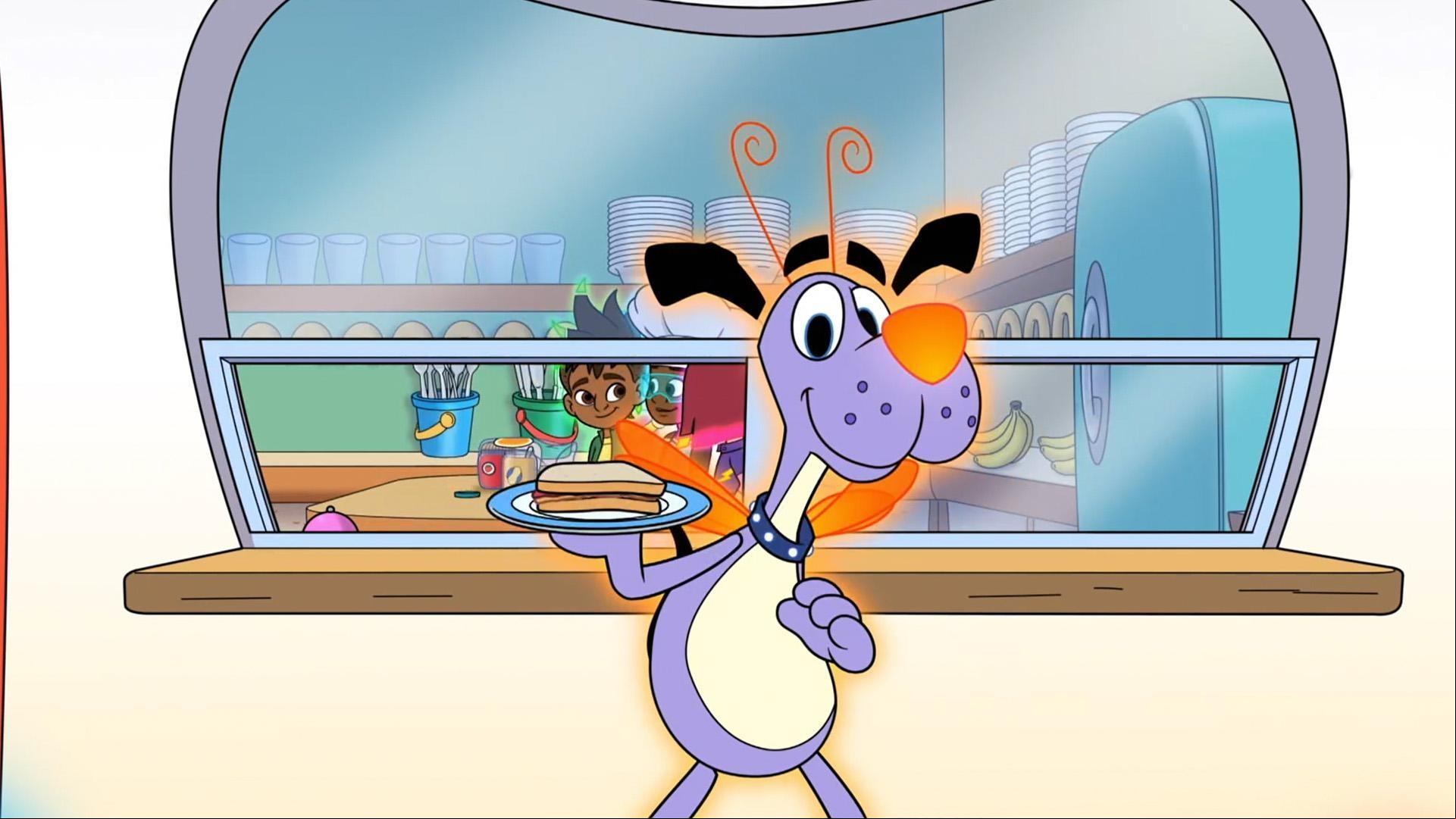 Scout helps serve sandwiches to the Beeples.