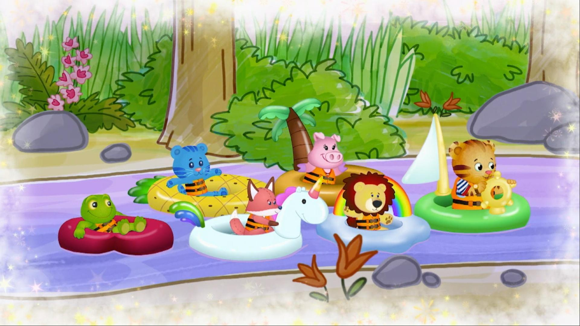 Daniel imagines he's sailing down a river on a floatie with his stuffie friends.