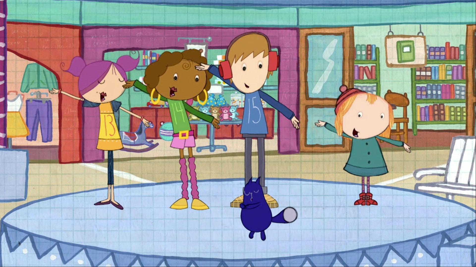 Peg, Cat and the Teens dance in the Zebra Guy Dance Contest and sing about attributes.