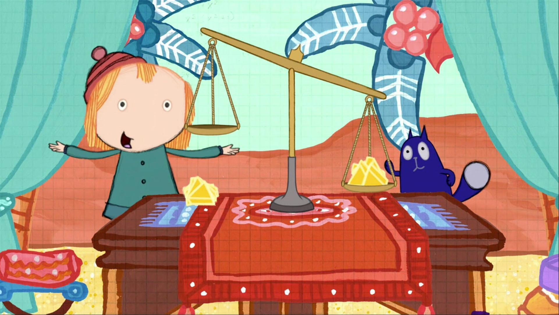 Peg, Cat, and Cleopatra celebrate the power of the pan balance with a song.