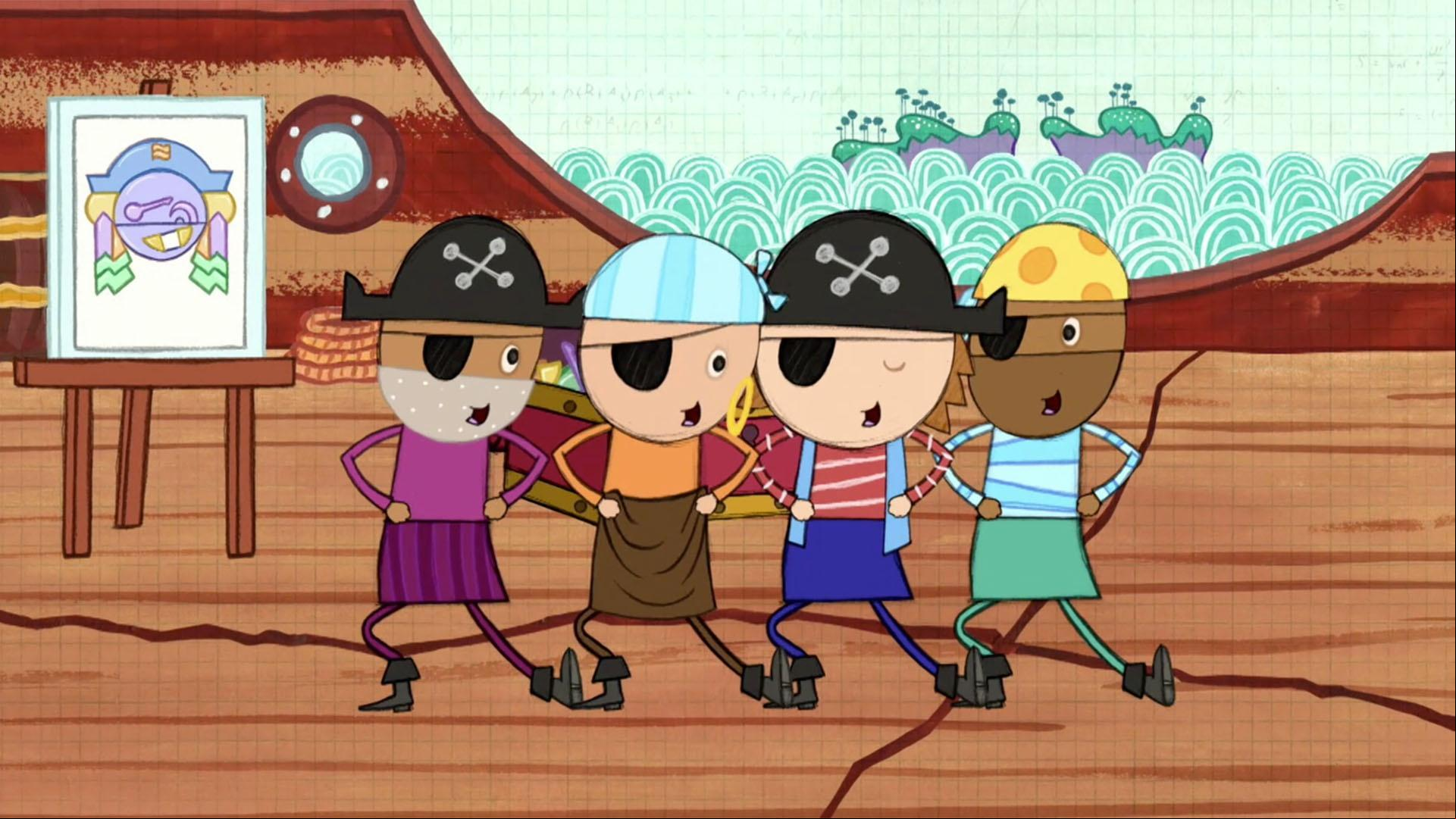The pirates sing a song about how well they fit together, like the pieces of a puzzle.