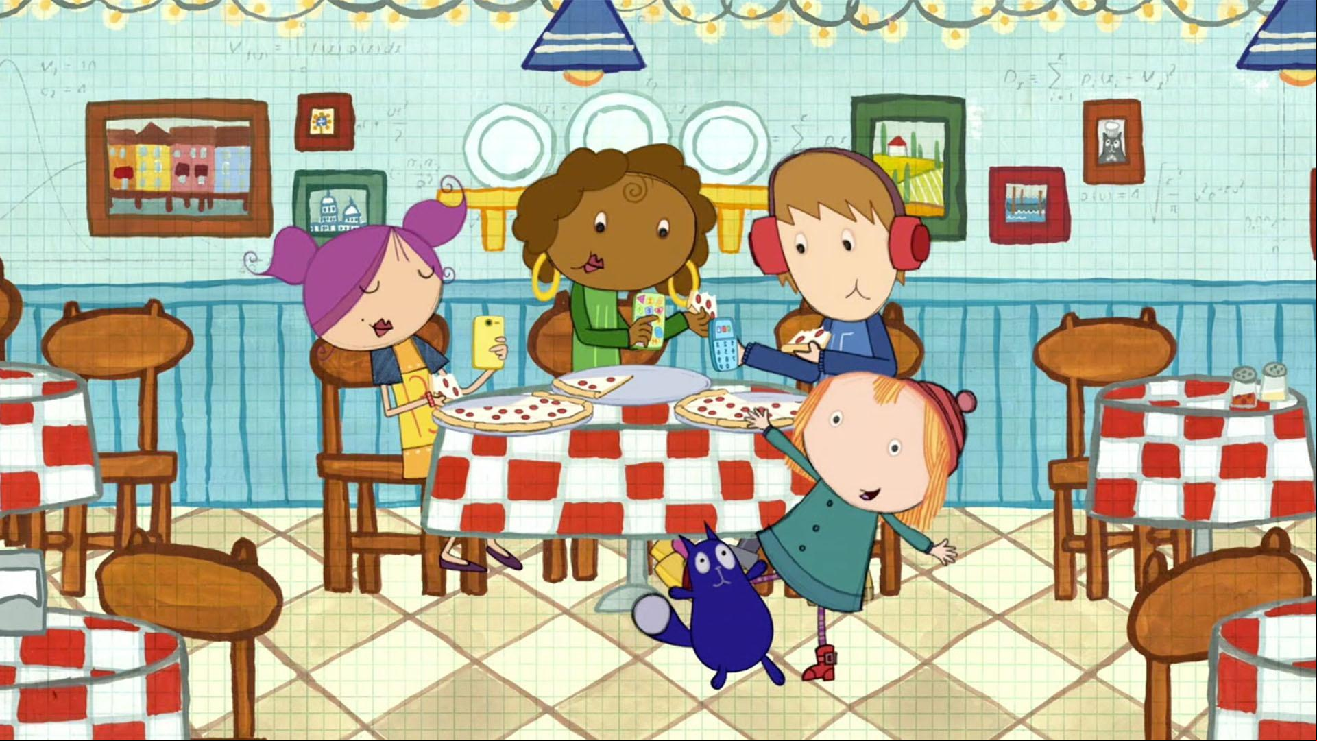 Peg and Cat sing a song about halves and wholes in their pizza shop.