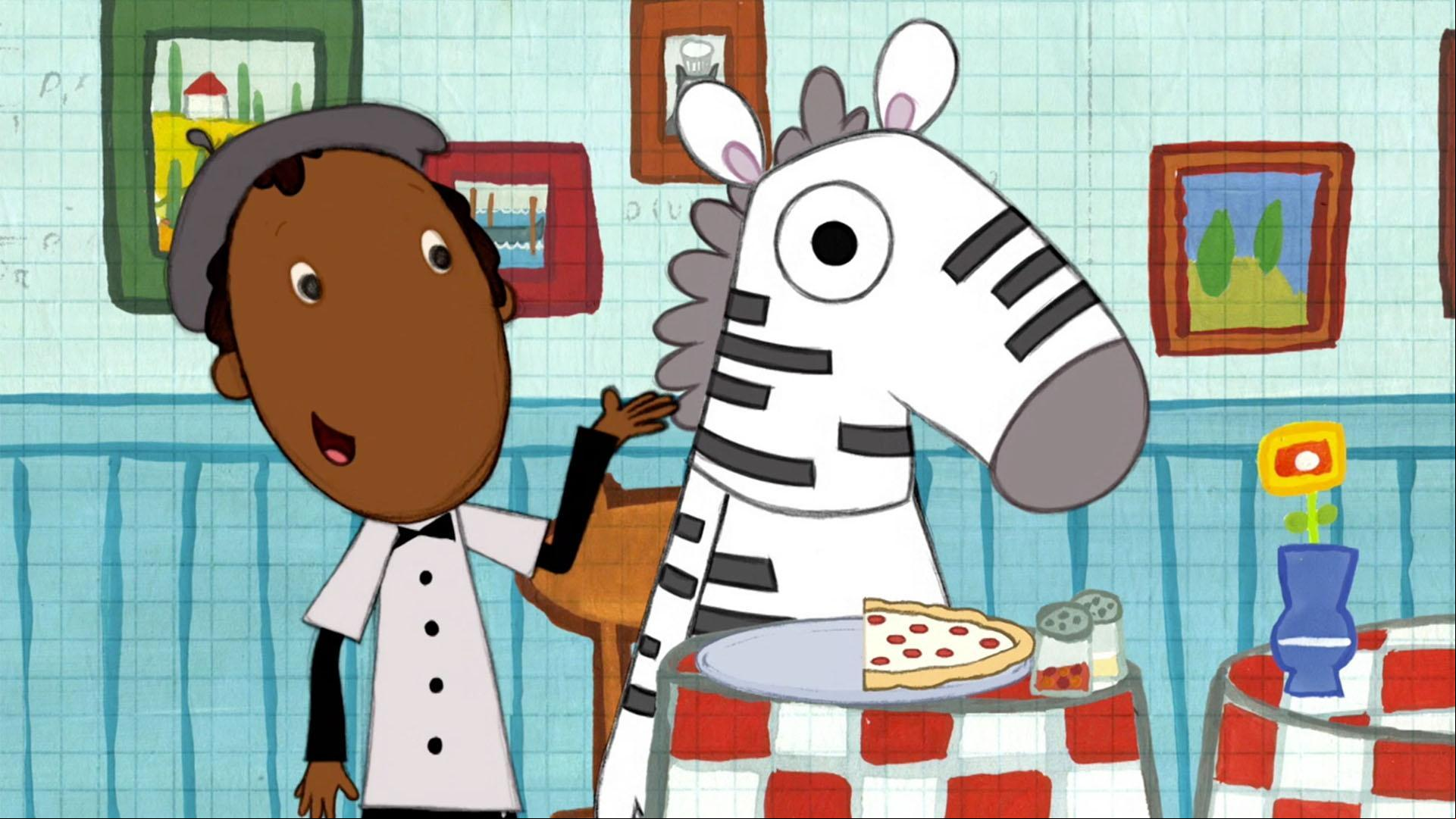 Peg and Cat sing about cutting pizzas in half at the pizza place.