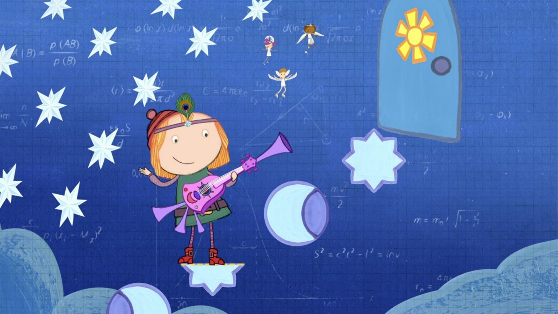 Peg uses a magic ukulele to find the line of symmetry on shapes.