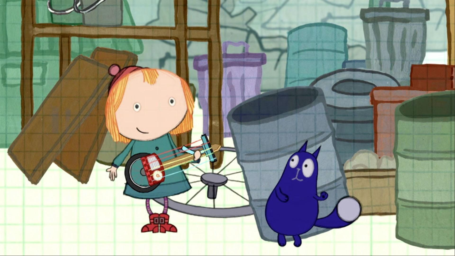 Peg and Cat play their musical instruments made out of junk from the junkyard.