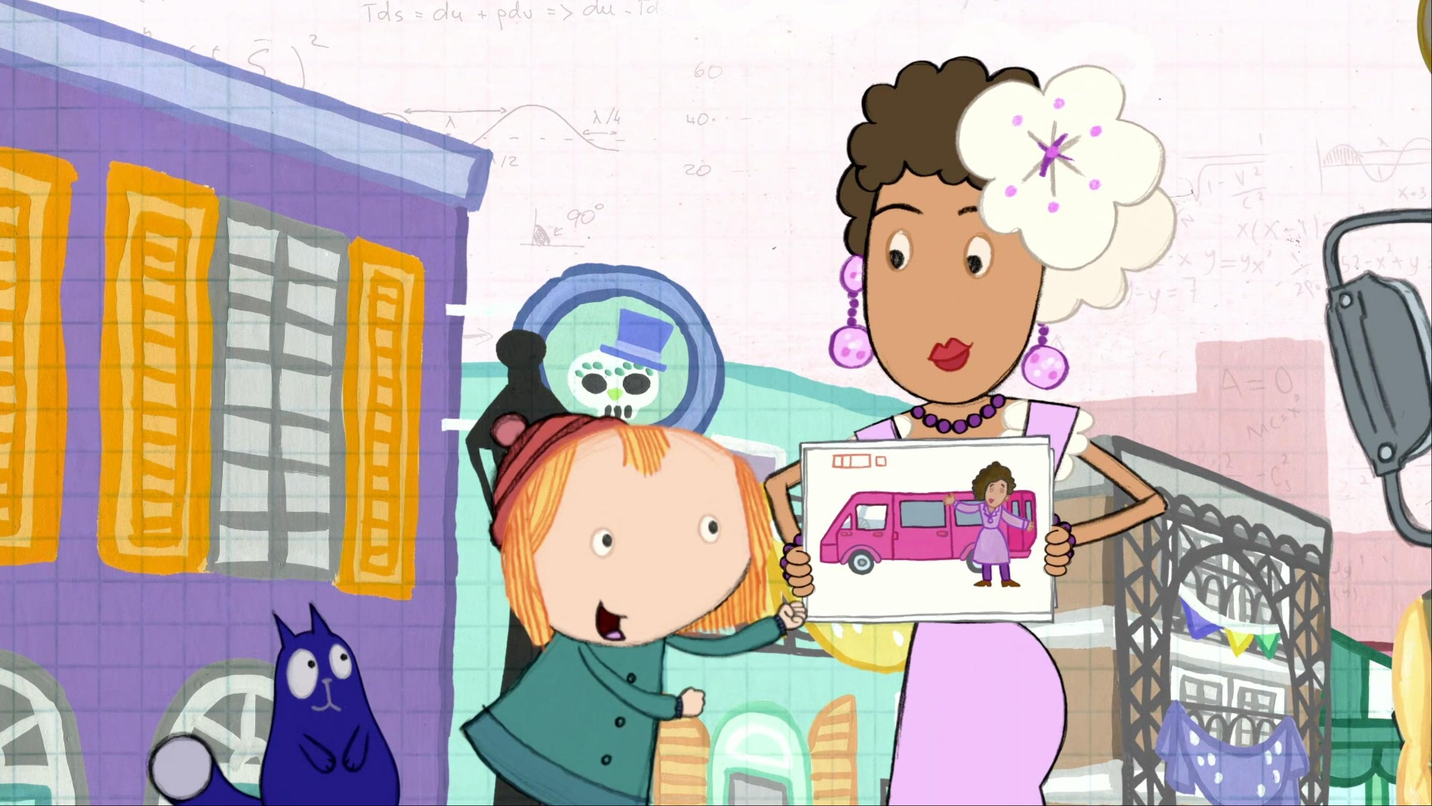 Peg, Cat, and Billie sing a song about diagrams while fixing the van Billie loves .