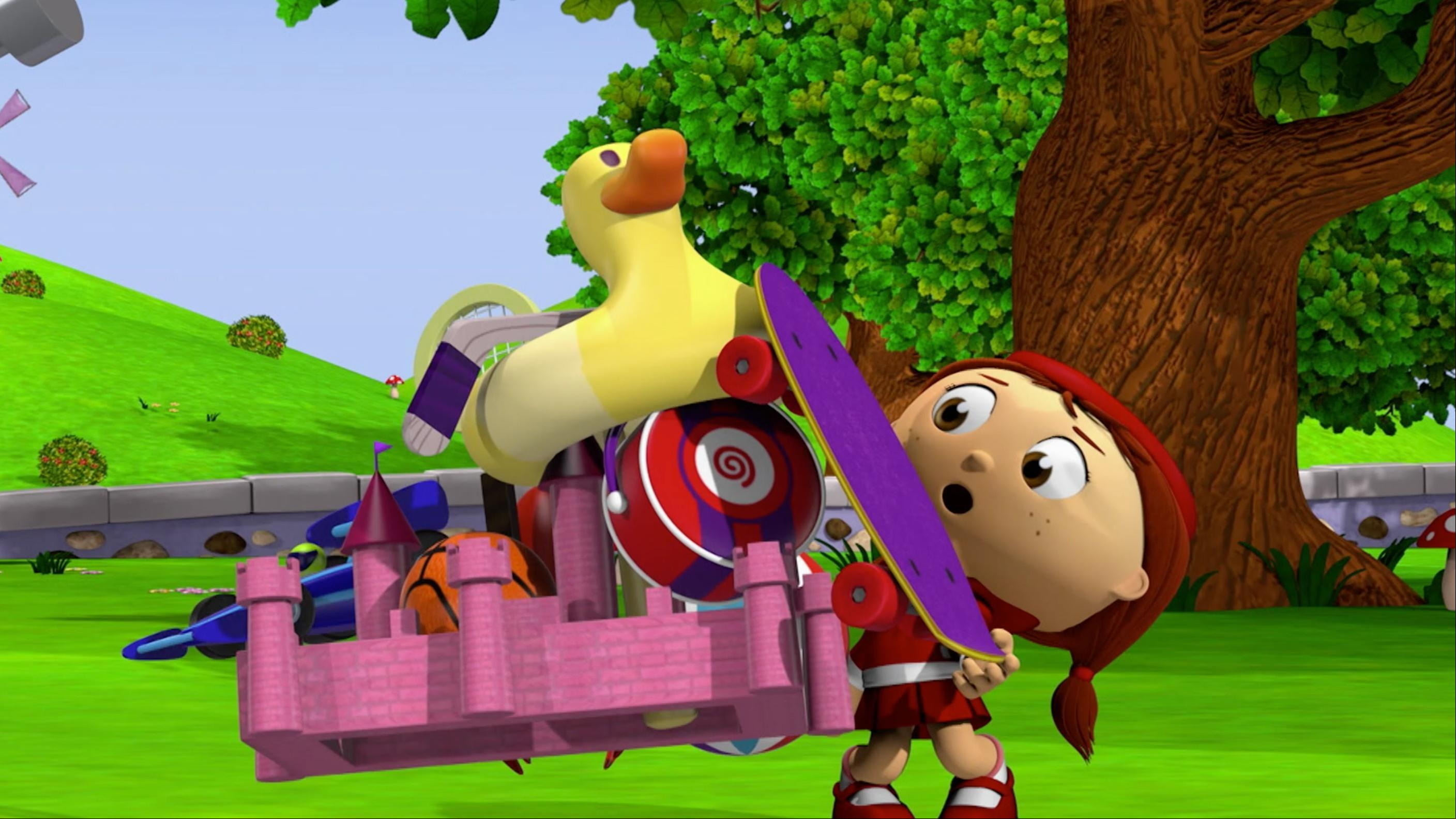 Red wants to bring all of her toys to the park, but she can't hold them all.
