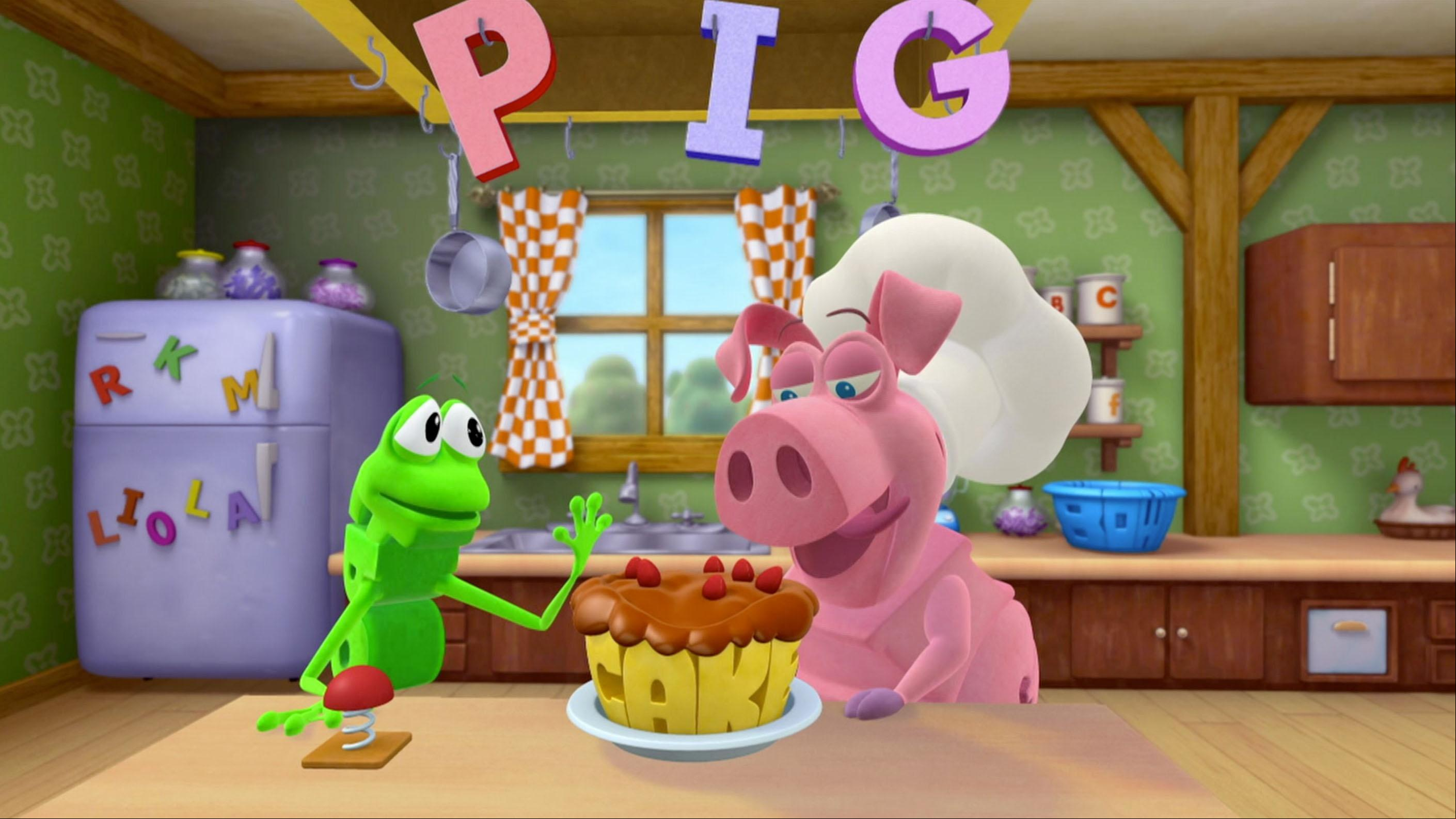 Frog needs a cake for Dog's birthday party.