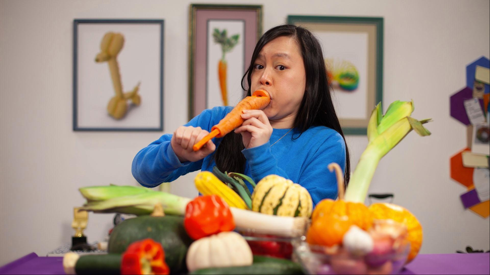  Katie and her guests, Sarita and Nikhil, and learn how to make music with...veggies?!
