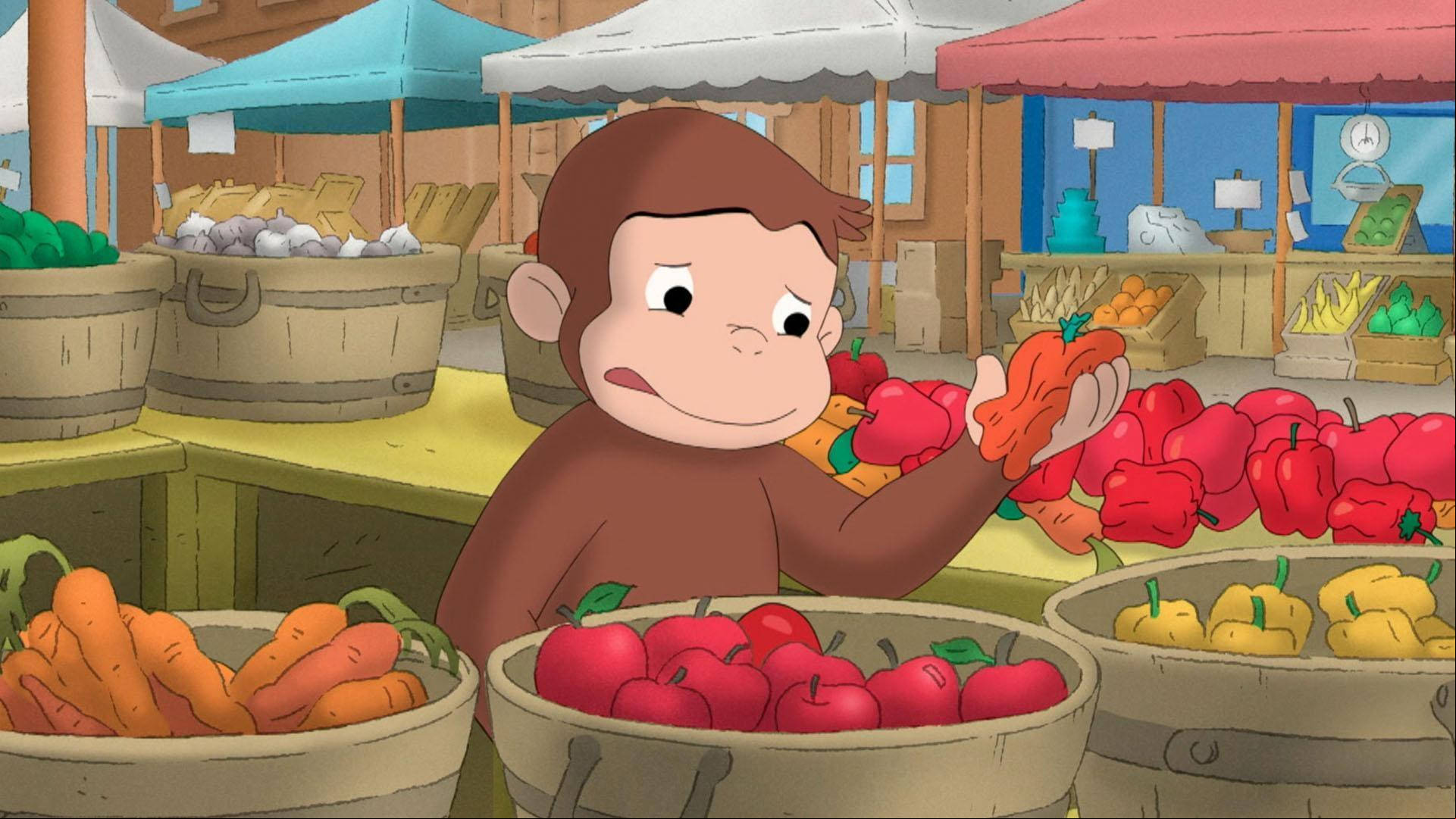 George runs an orange Juice stand with Bill. / George helps at the farmer's market.