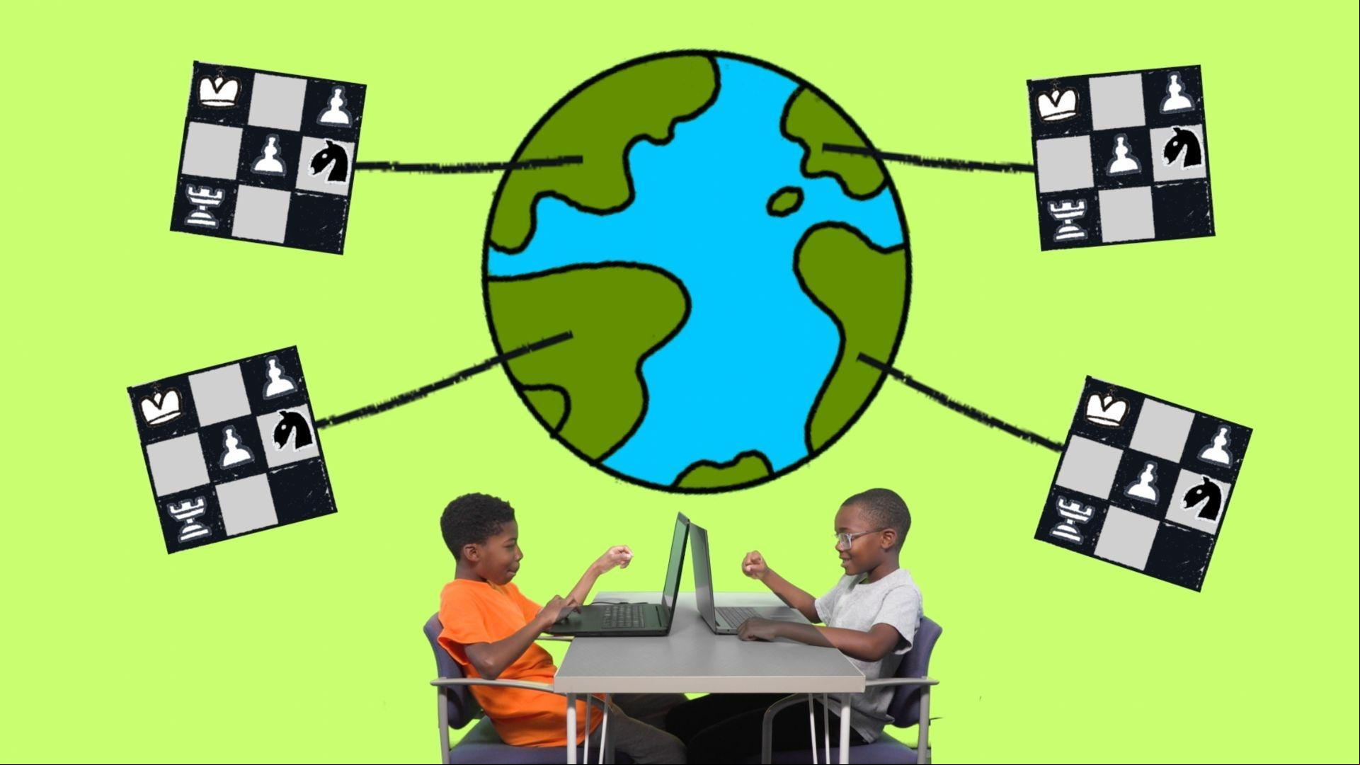 Real kids talk ing technology to play computer games.