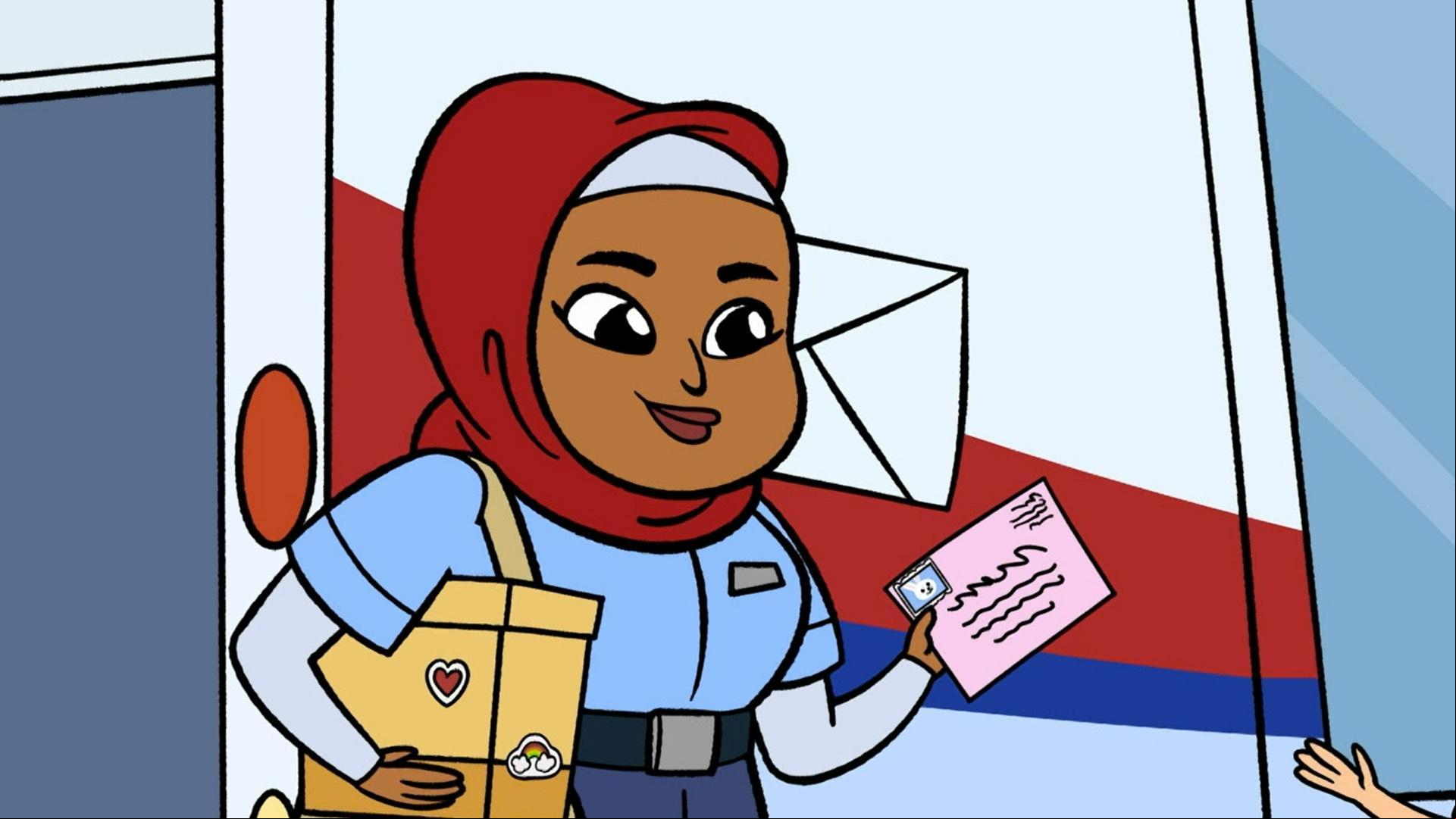 The mail carrier picks up Rosie's letter to Abuela.