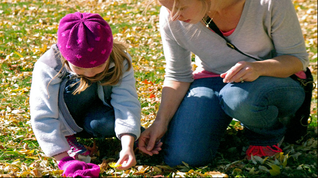 lParent and child examine flower
