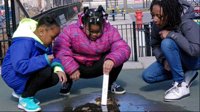 Girl measures puddle